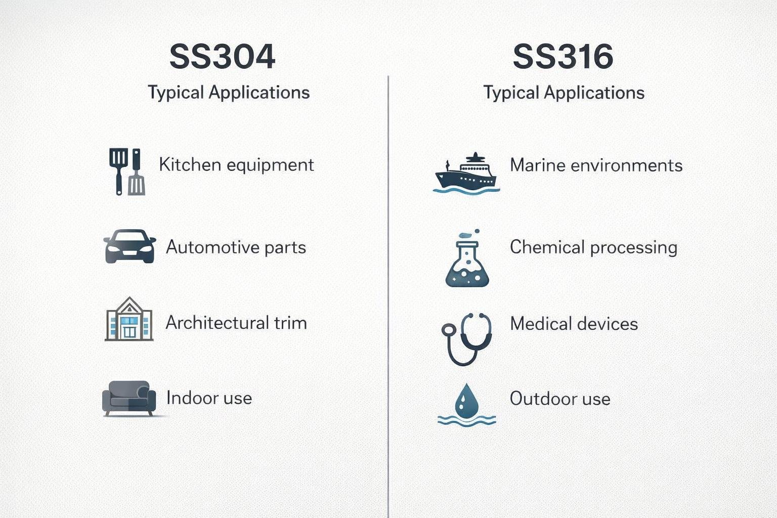 SS304 and SS316 typical application areas for stainless steel part selection.